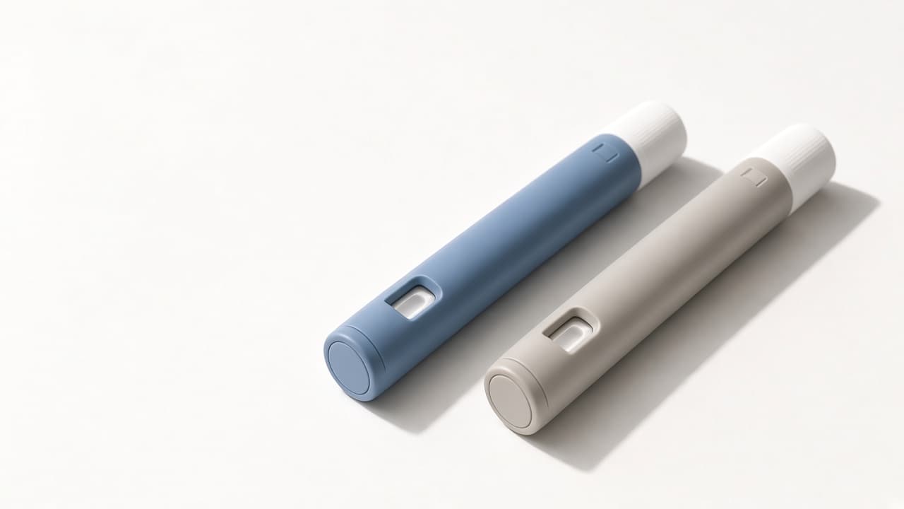 Zwei vorgefüllte Pens ohne Markenzeichen, Schieferblau und Sandgrau